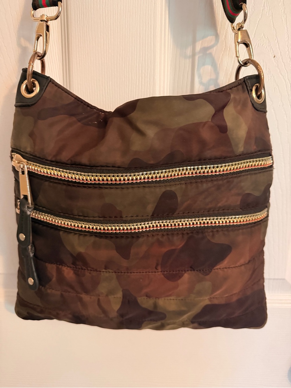 Sondra Roberts Camouflage Crossbody in Green and Brown with Gold Hardware
